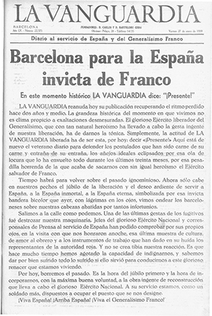Portada de La Vanguardia del 27-1-1939, recuperant la numeració d'abans de la guerra, i encara manté aquesta "desviació"