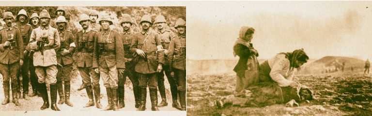 Mustafá Kemal Atatürk y otros oficiales turcos en Galípoli (izq.). Una mujer armenia arrodillada junto a una niña muerta en las cercanías de Alepo. (Fuente: Wikimedia). 